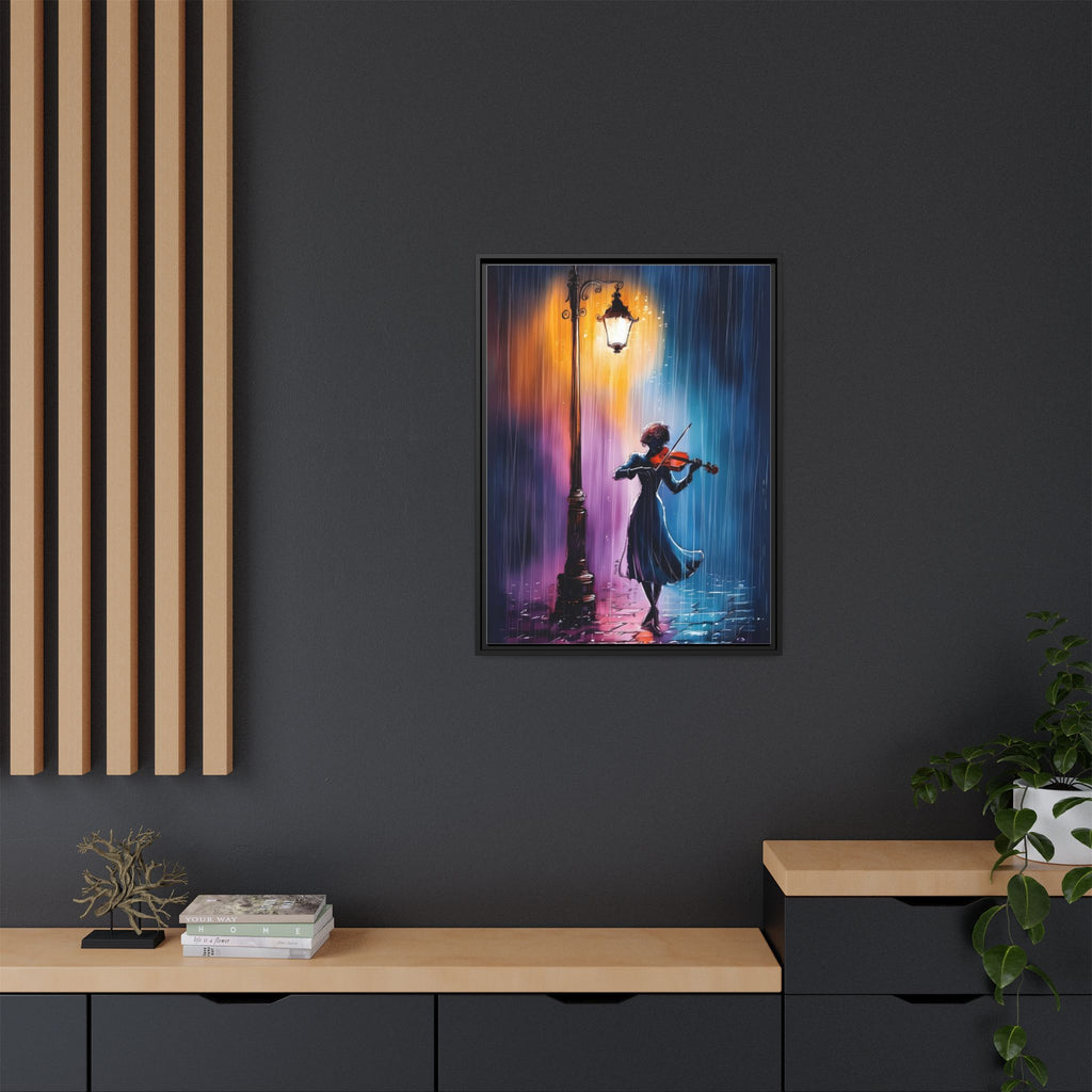 Framed Matte Canvas — Violinist Under Lamp Post (Colorful Rainy Night)