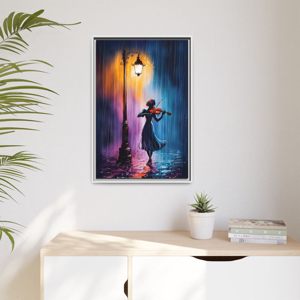 Framed Matte Canvas — Violinist Under Lamp Post (Colorful Rainy Night)