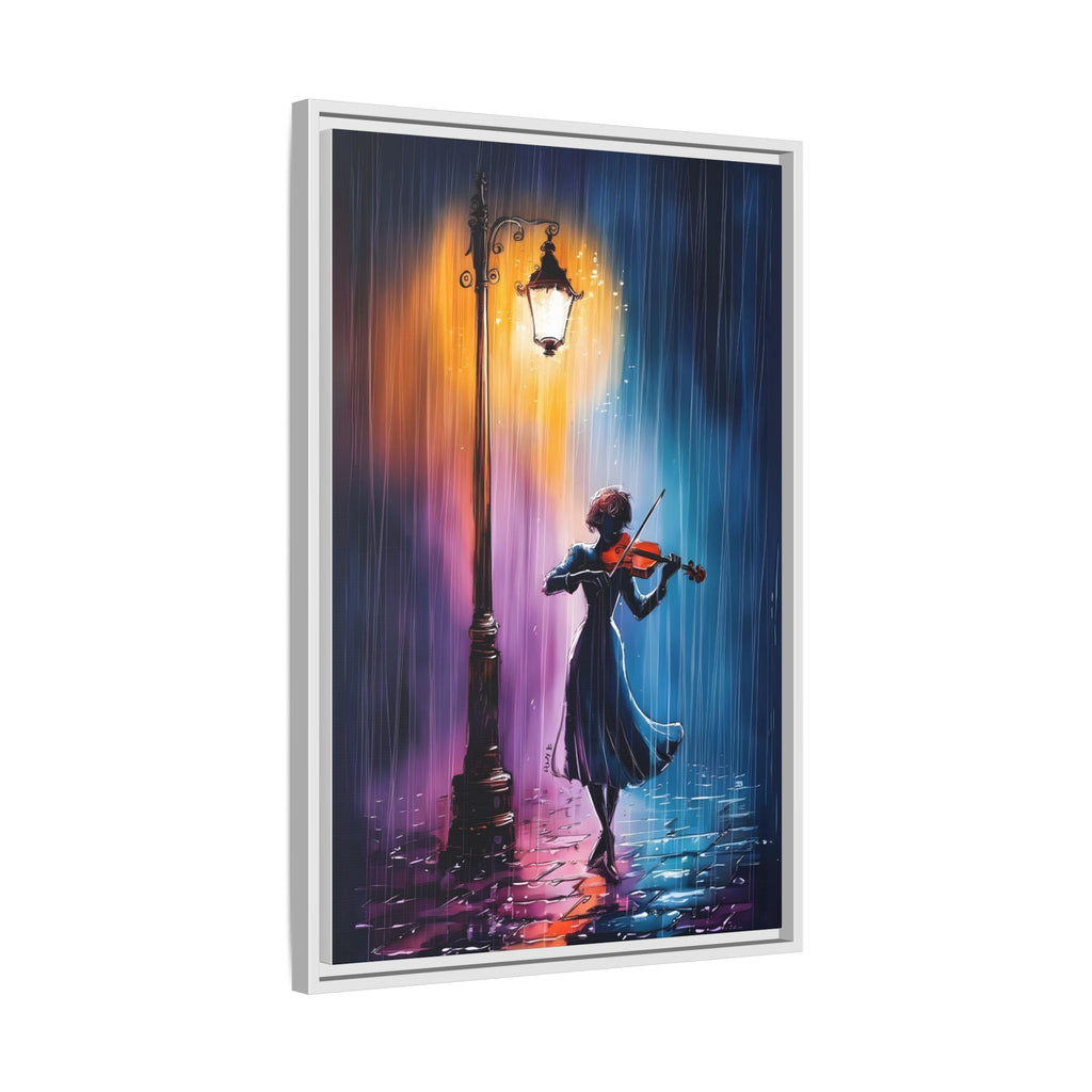 Framed Matte Canvas — Violinist Under Lamp Post (Colorful Rainy Night)