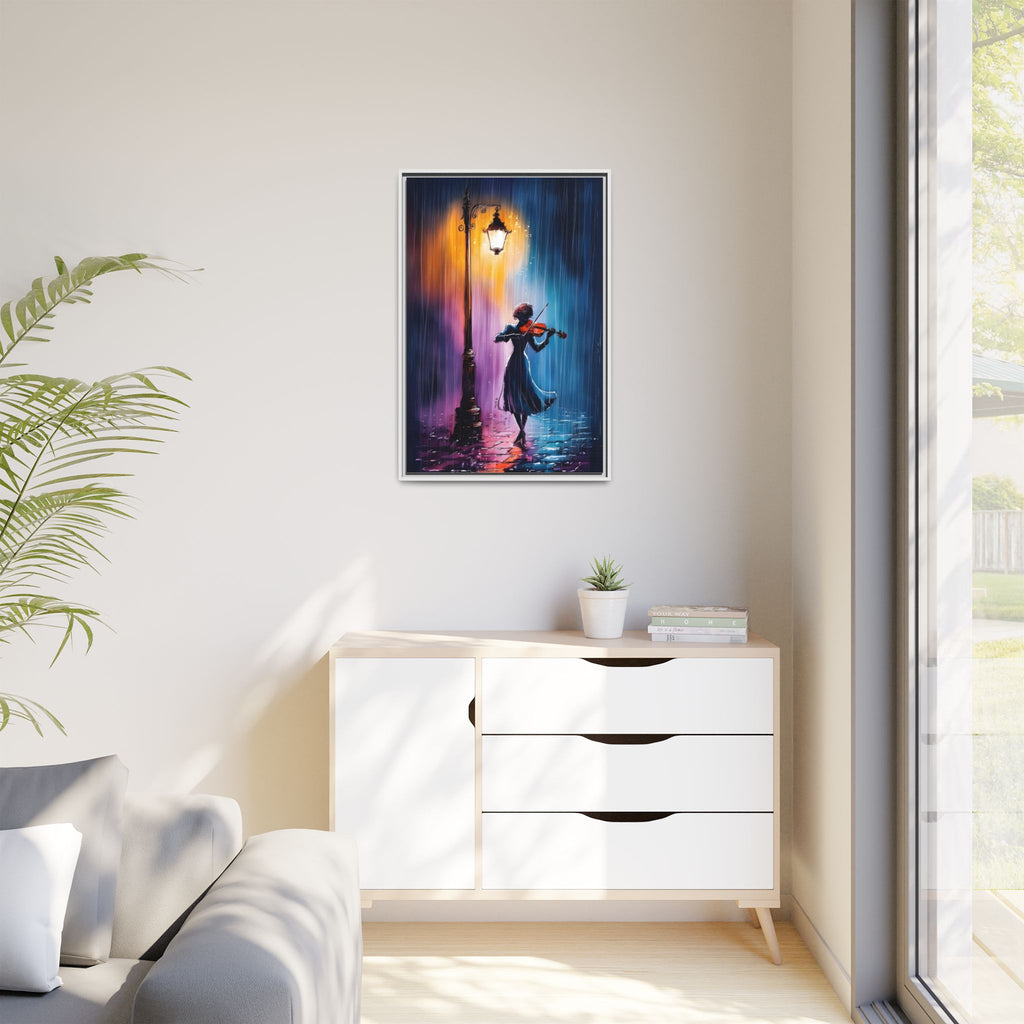 Framed Matte Canvas — Violinist Under Lamp Post (Colorful Rainy Night)