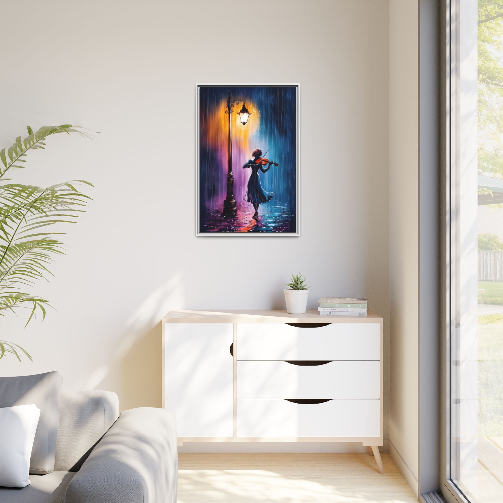 Framed Matte Canvas — Violinist Under Lamp Post (Colorful Rainy Night)