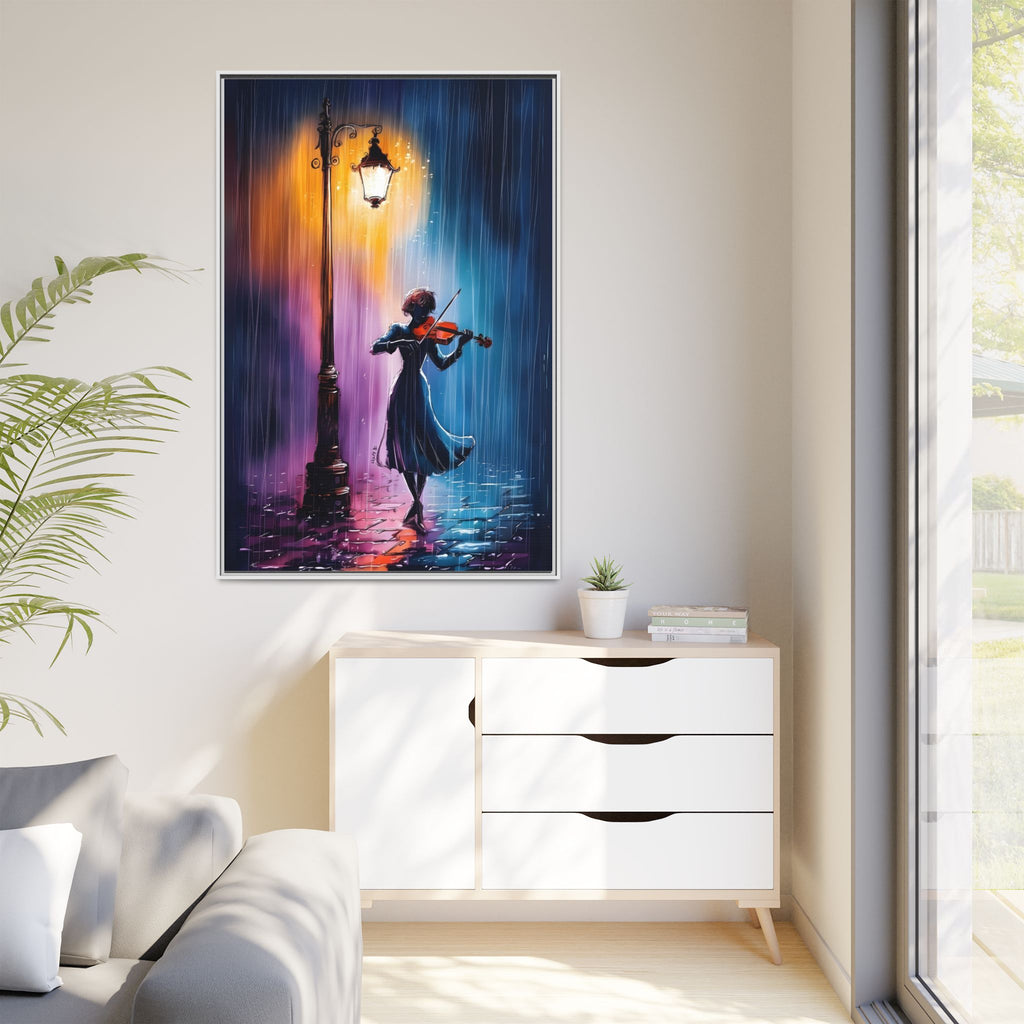Framed Matte Canvas — Violinist Under Lamp Post (Colorful Rainy Night)