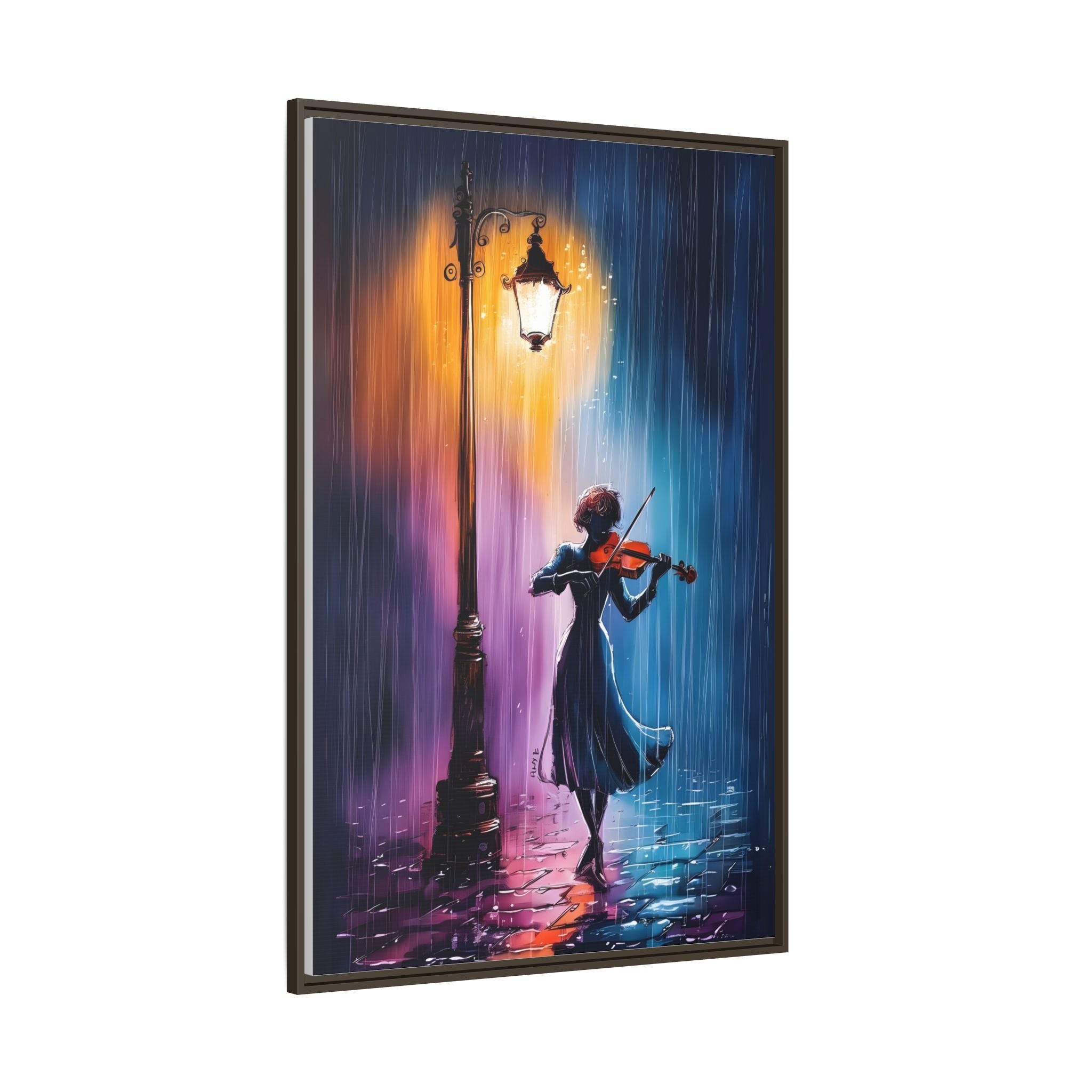 Framed Matte Canvas — Violinist Under Lamp Post (Colorful Rainy Night)