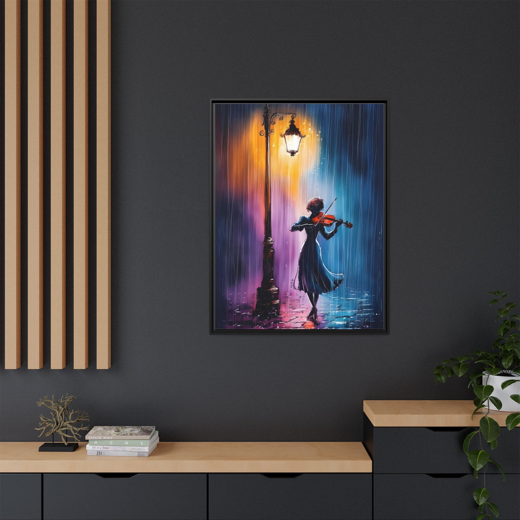 Framed Matte Canvas — Violinist Under Lamp Post (Colorful Rainy Night)