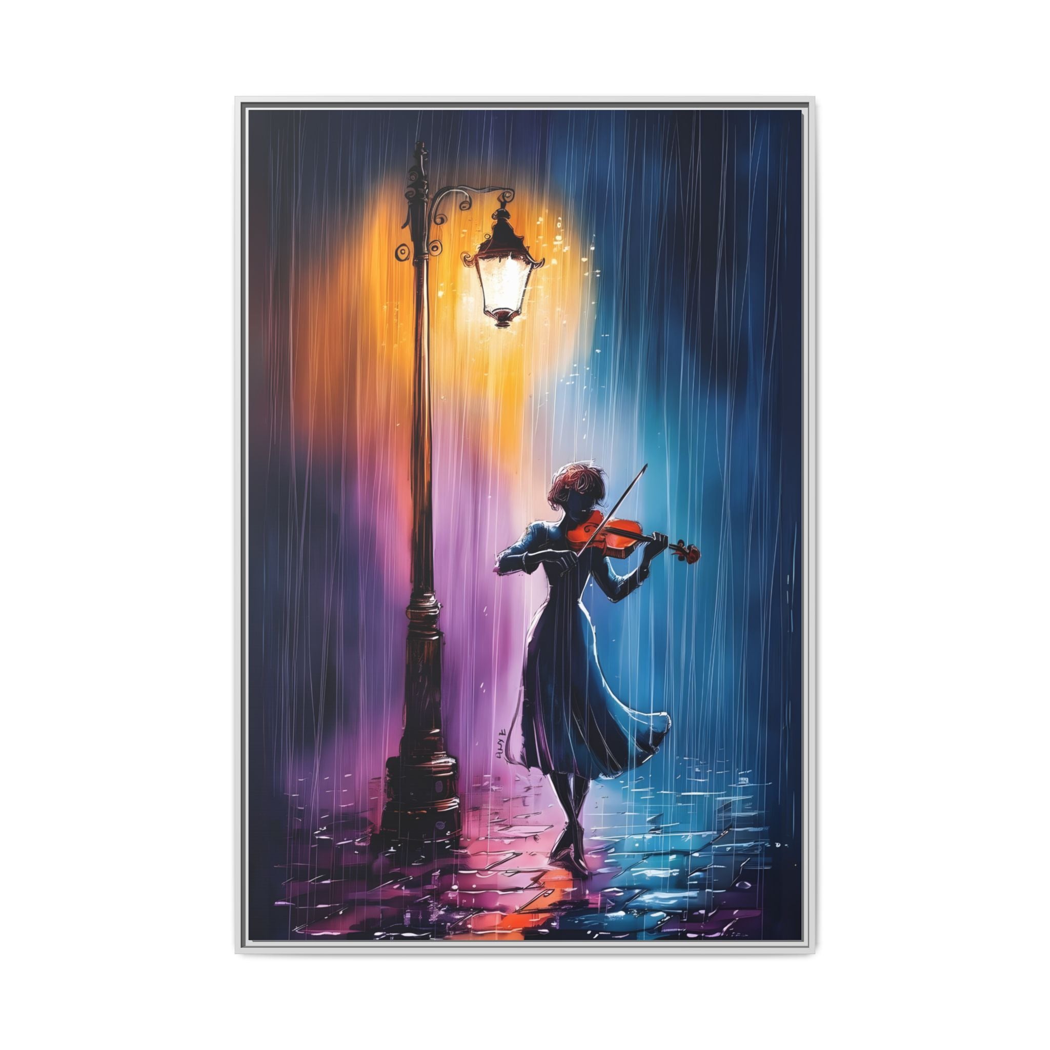 Framed Matte Canvas — Violinist Under Lamp Post (Colorful Rainy Night)