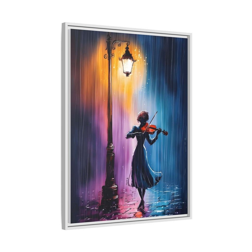 Framed Matte Canvas — Violinist Under Lamp Post (Colorful Rainy Night)