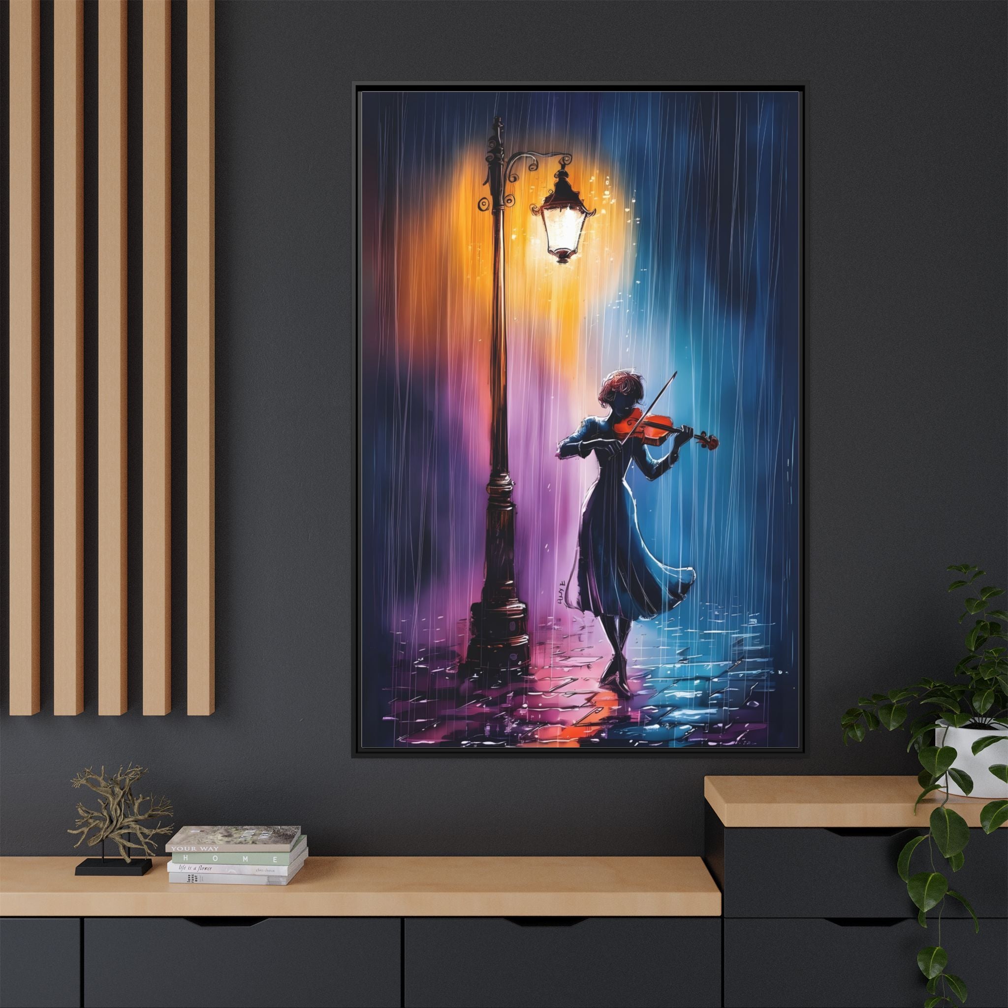 Framed Matte Canvas — Violinist Under Lamp Post (Colorful Rainy Night)