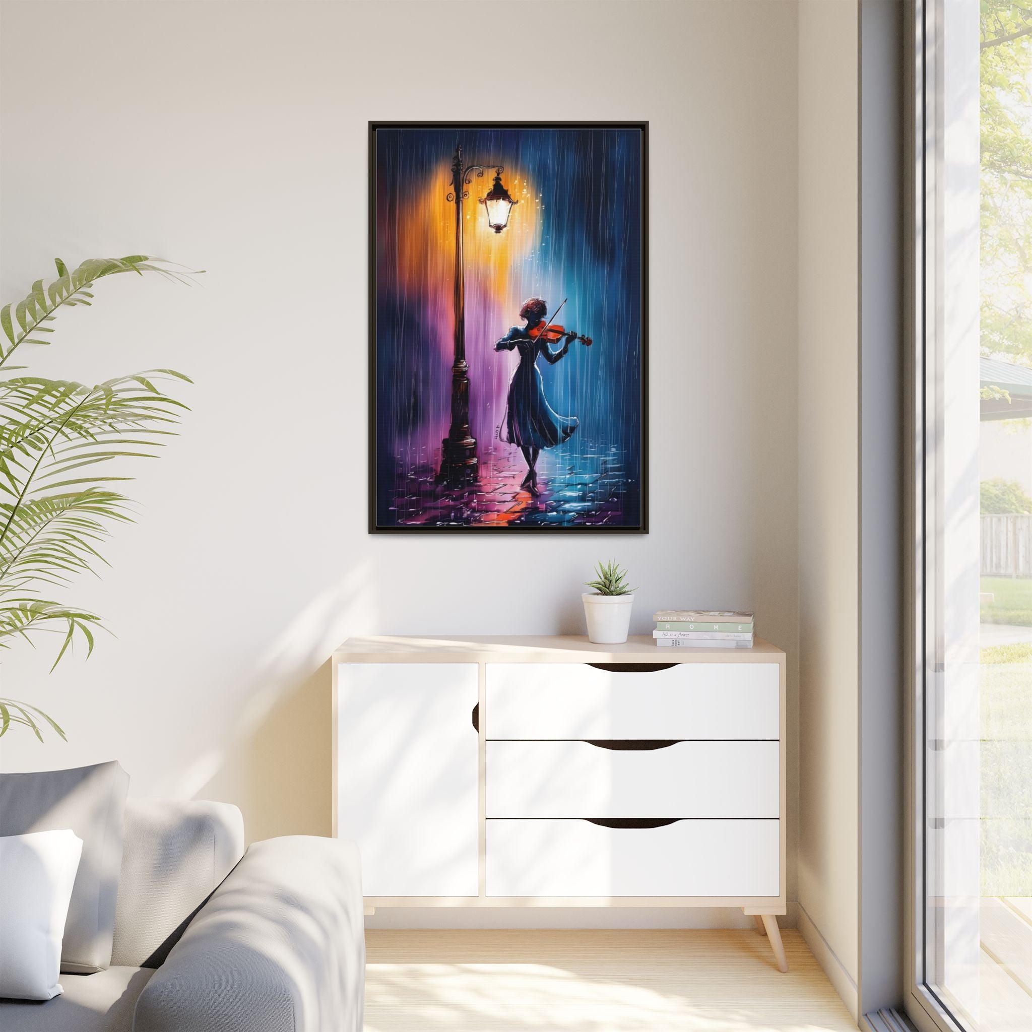 Framed Matte Canvas — Violinist Under Lamp Post (Colorful Rainy Night)