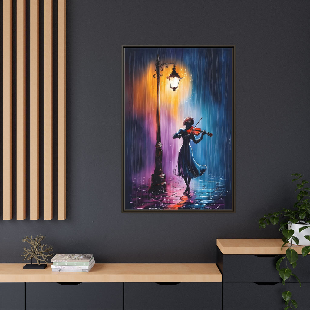 Framed Matte Canvas — Violinist Under Lamp Post (Colorful Rainy Night)