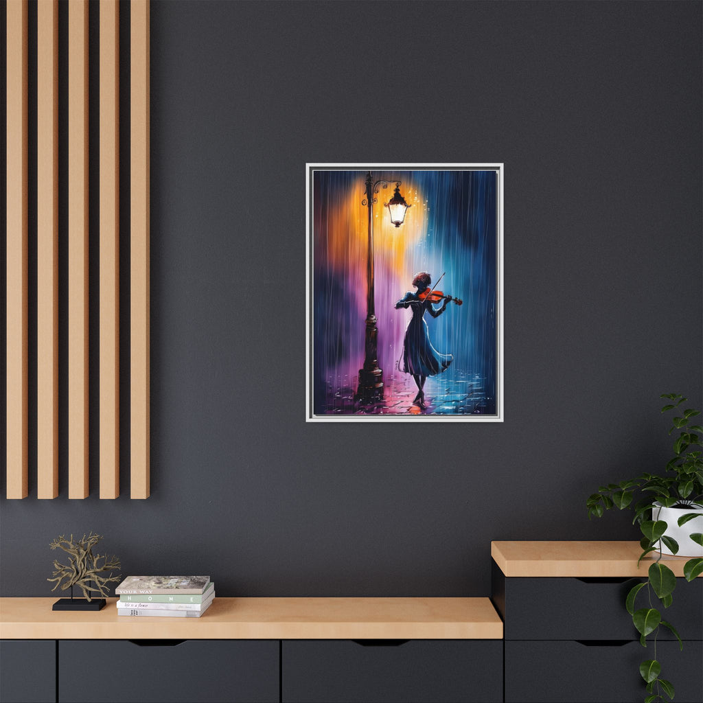 Framed Matte Canvas — Violinist Under Lamp Post (Colorful Rainy Night)