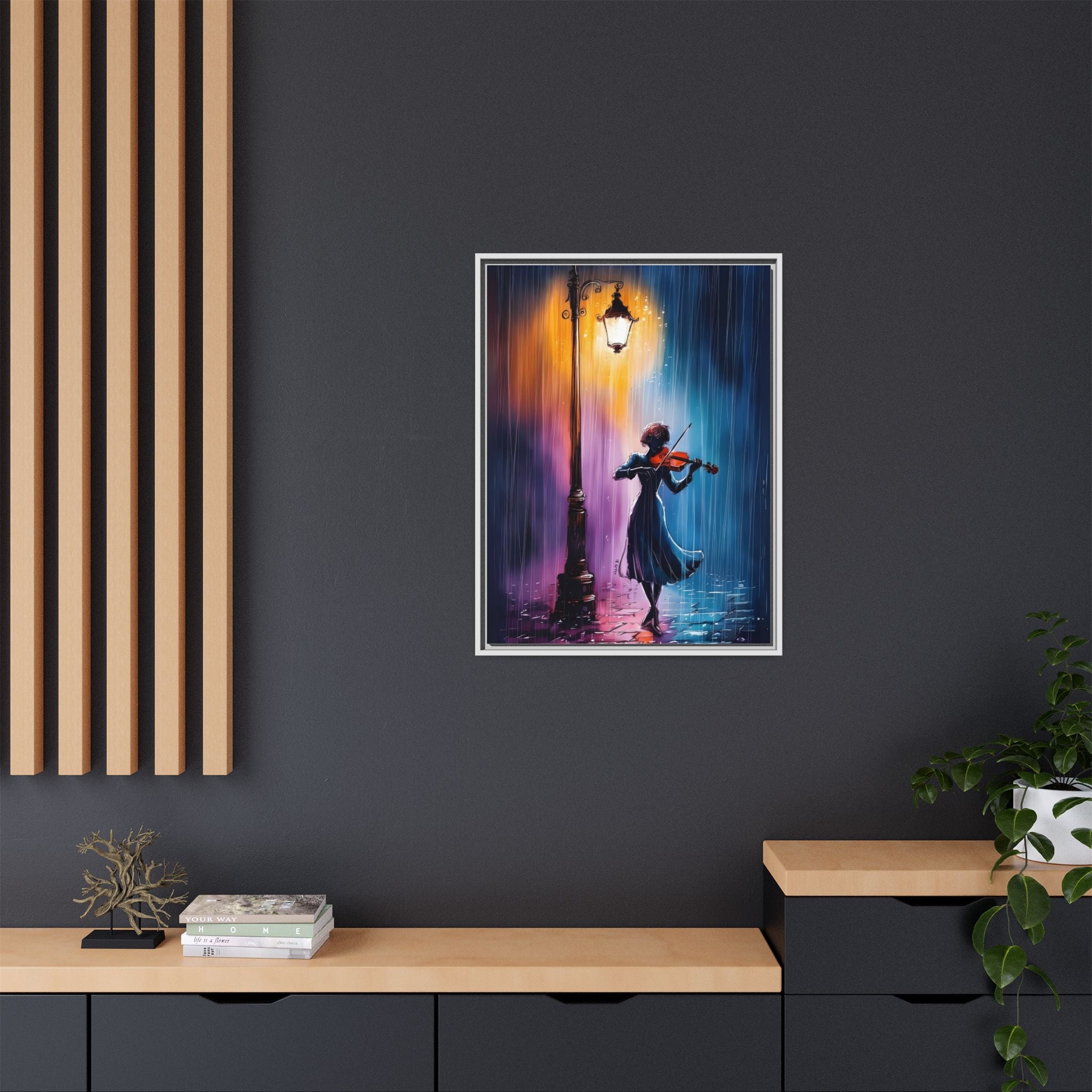 Framed Matte Canvas — Violinist Under Lamp Post (Colorful Rainy Night)