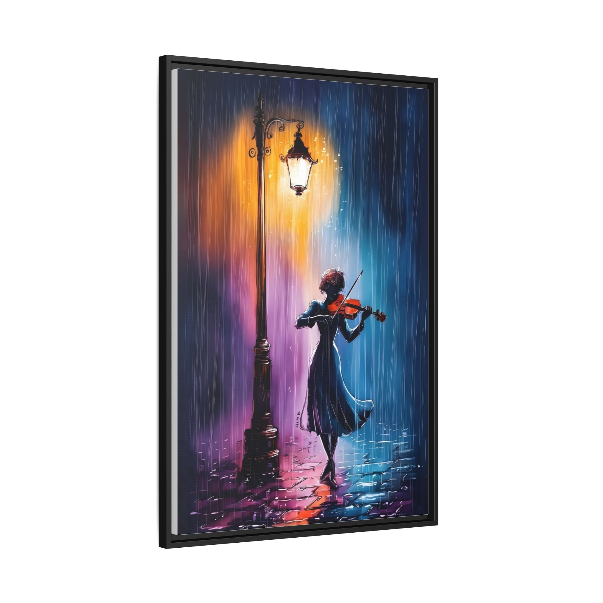Framed Matte Canvas — Violinist Under Lamp Post (Colorful Rainy Night)