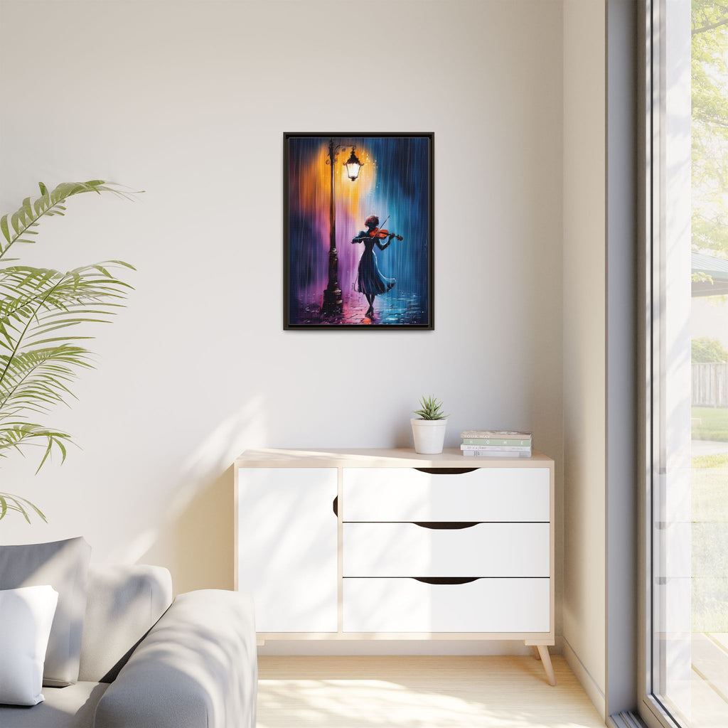 Framed Matte Canvas — Violinist Under Lamp Post (Colorful Rainy Night)