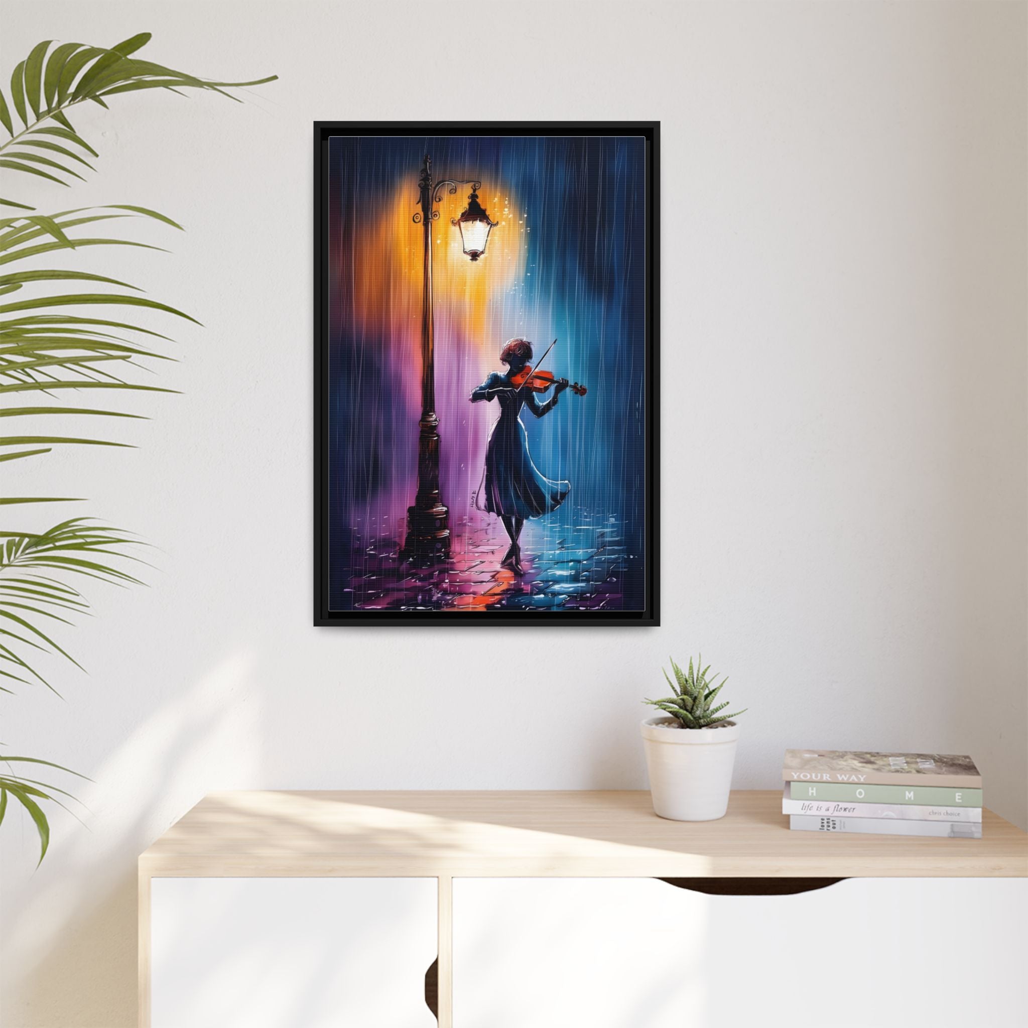 Framed Matte Canvas — Violinist Under Lamp Post (Colorful Rainy Night)
