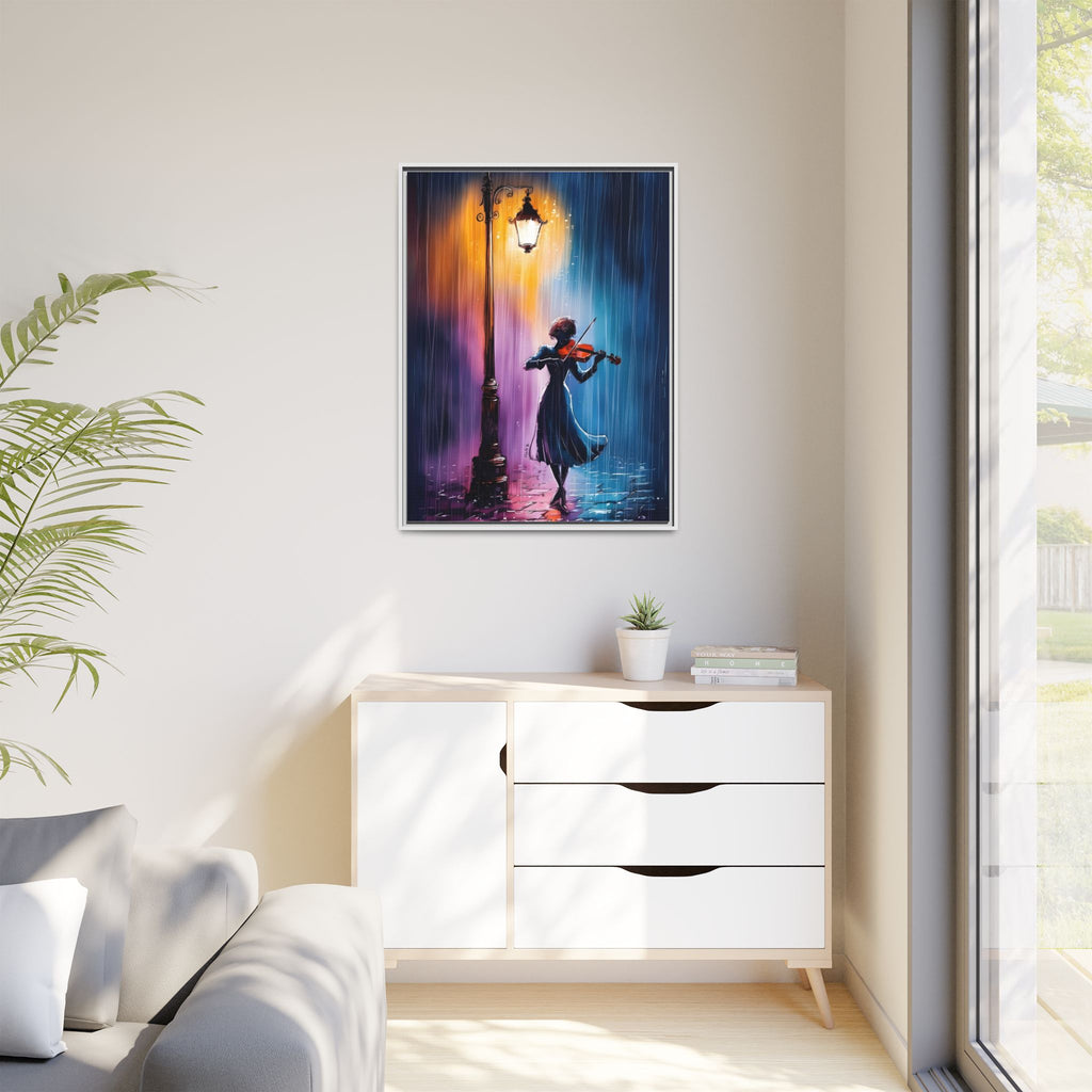 Framed Matte Canvas — Violinist Under Lamp Post (Colorful Rainy Night)