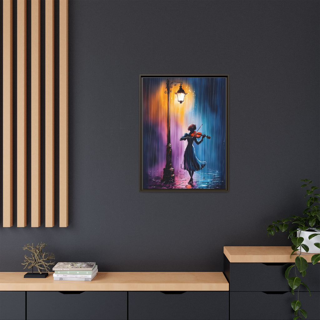 Framed Matte Canvas — Violinist Under Lamp Post (Colorful Rainy Night)
