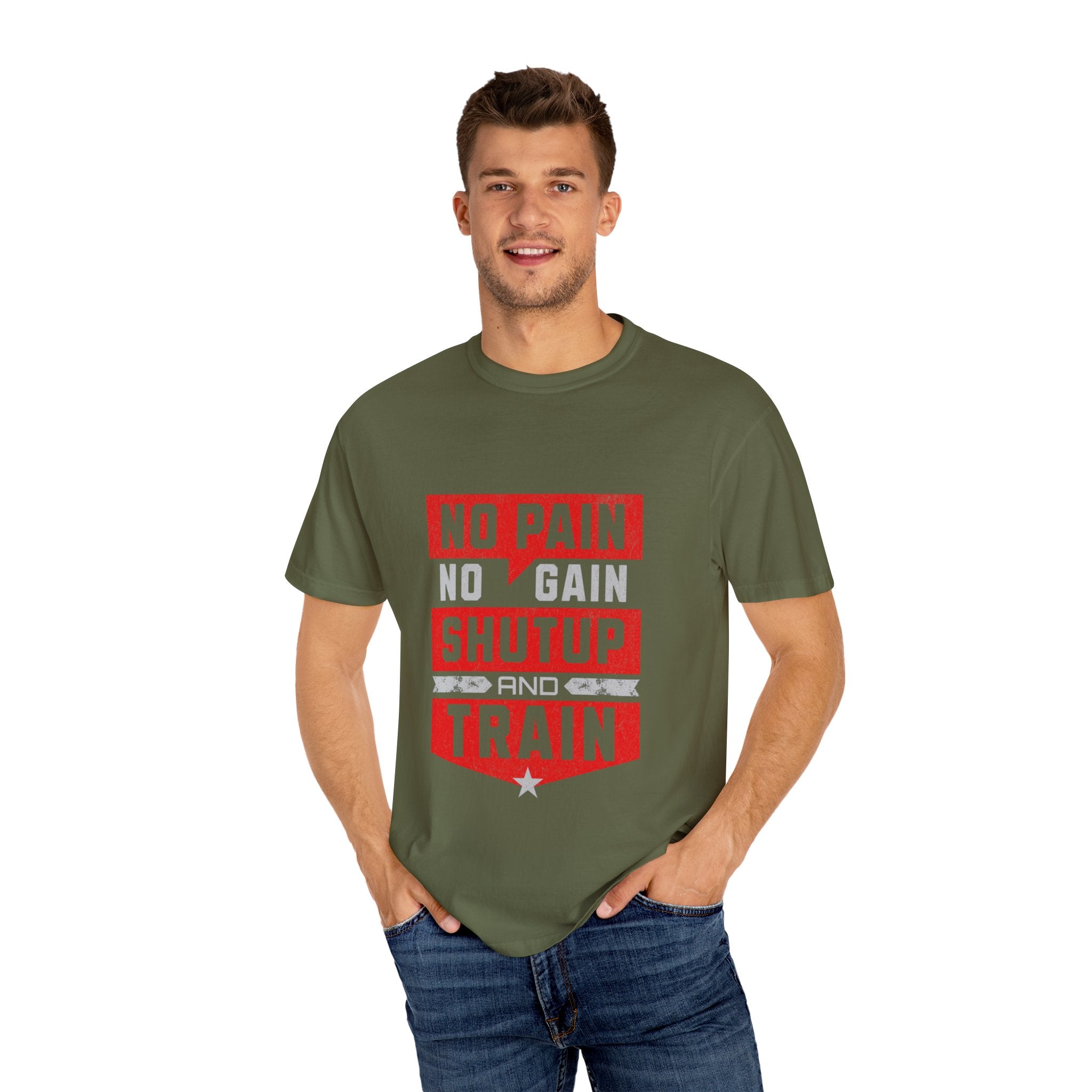 Workout T-Shirt — "No Pain No Gain Shut Up and Train" Motivational Gym Tee