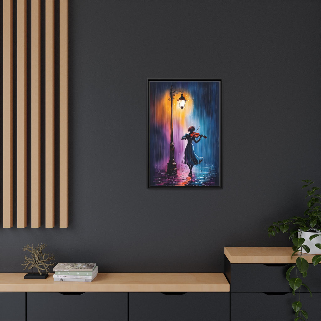 Framed Matte Canvas — Violinist Under Lamp Post (Colorful Rainy Night)