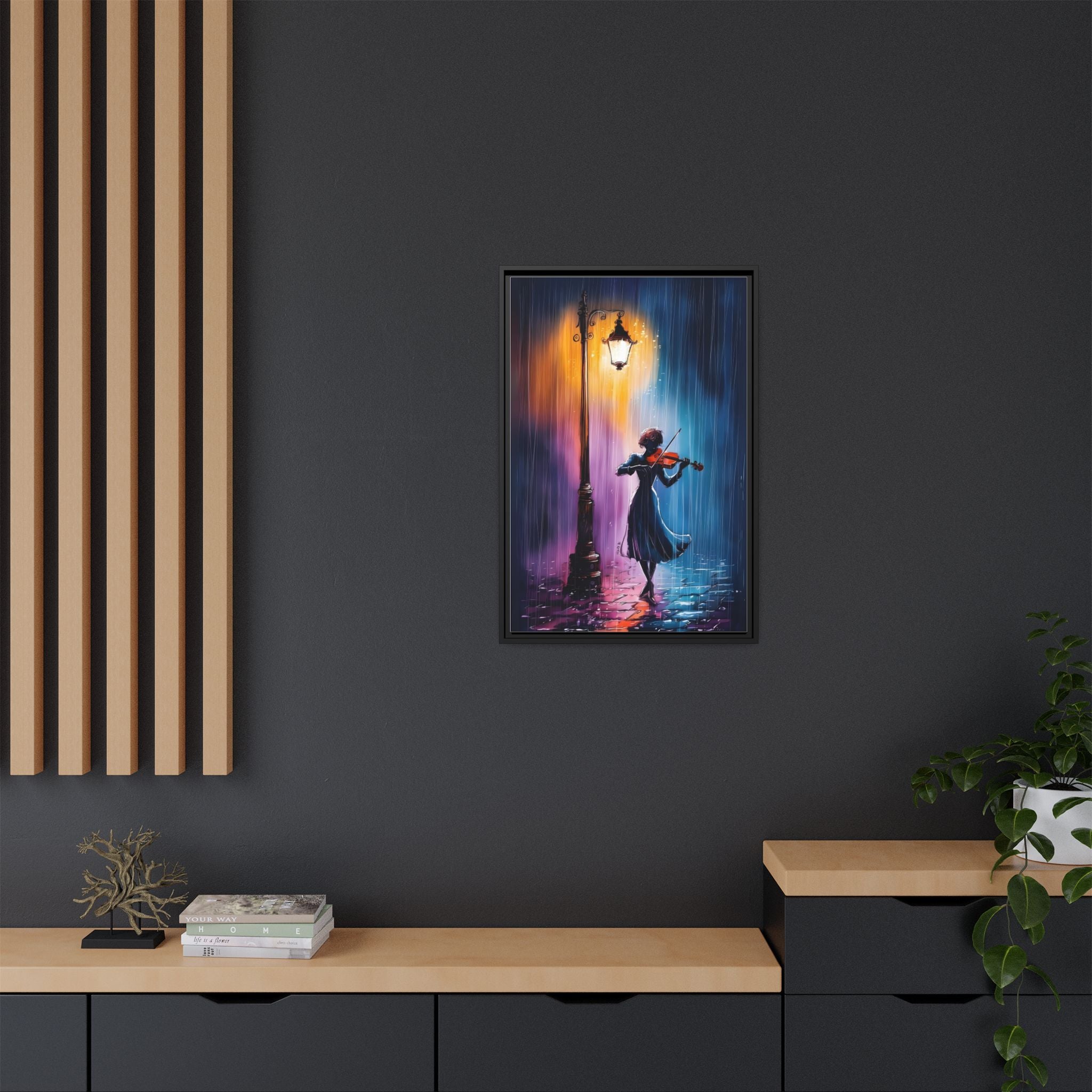 Framed Matte Canvas — Violinist Under Lamp Post (Colorful Rainy Night)