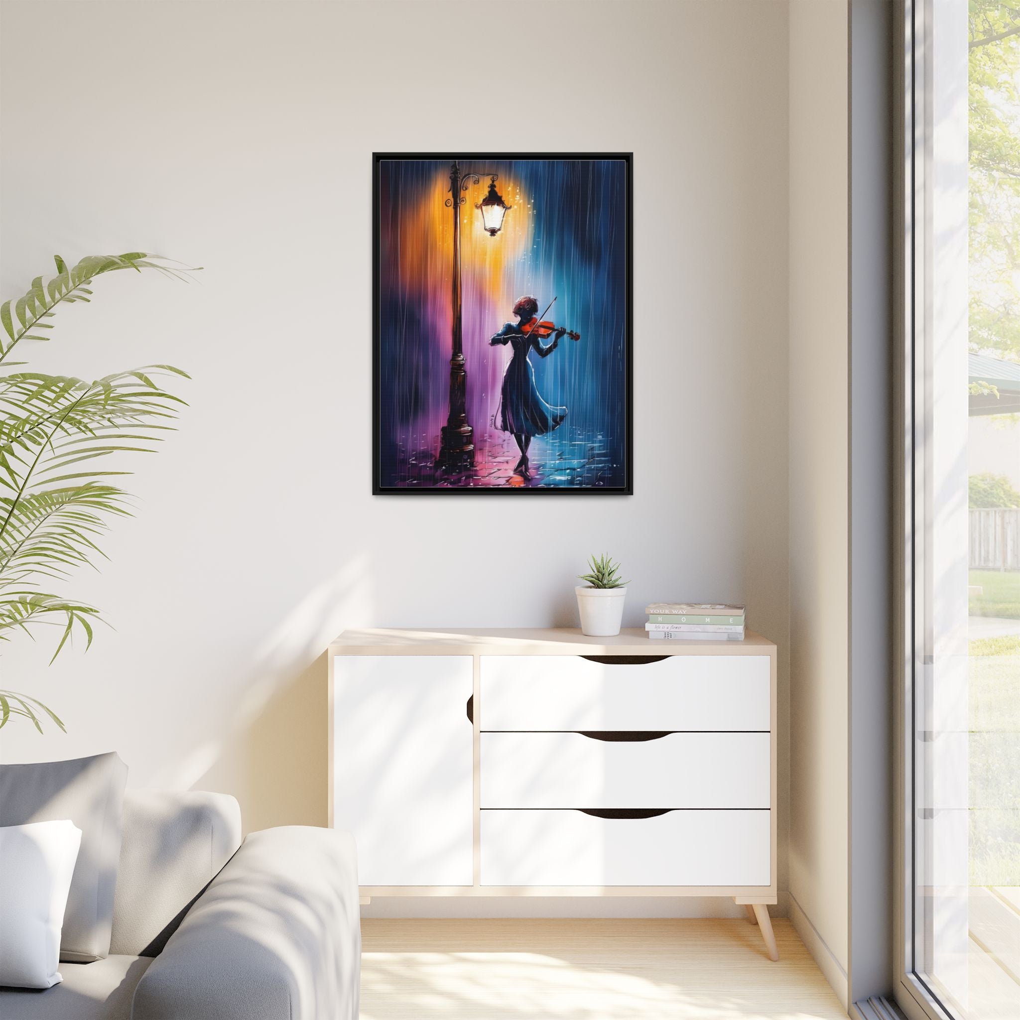 Framed Matte Canvas — Violinist Under Lamp Post (Colorful Rainy Night)