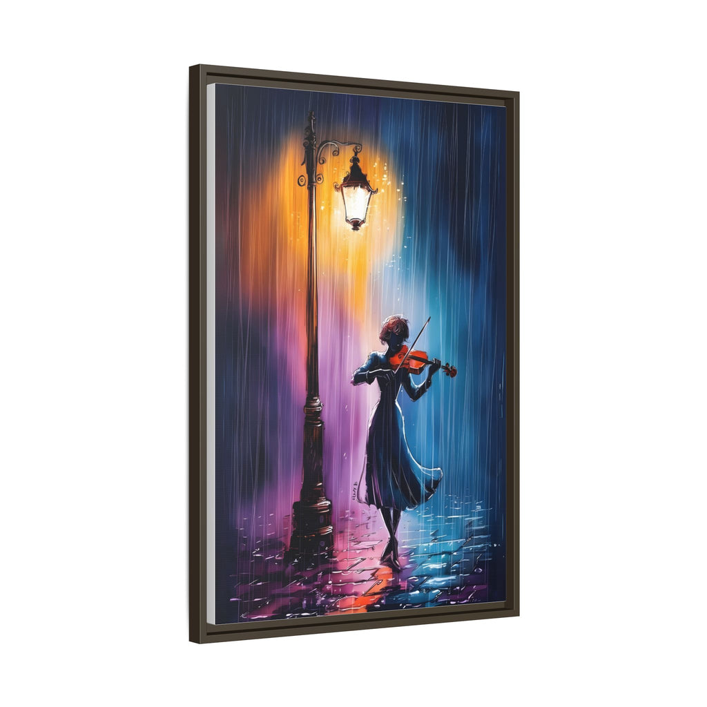 Framed Matte Canvas — Violinist Under Lamp Post (Colorful Rainy Night)