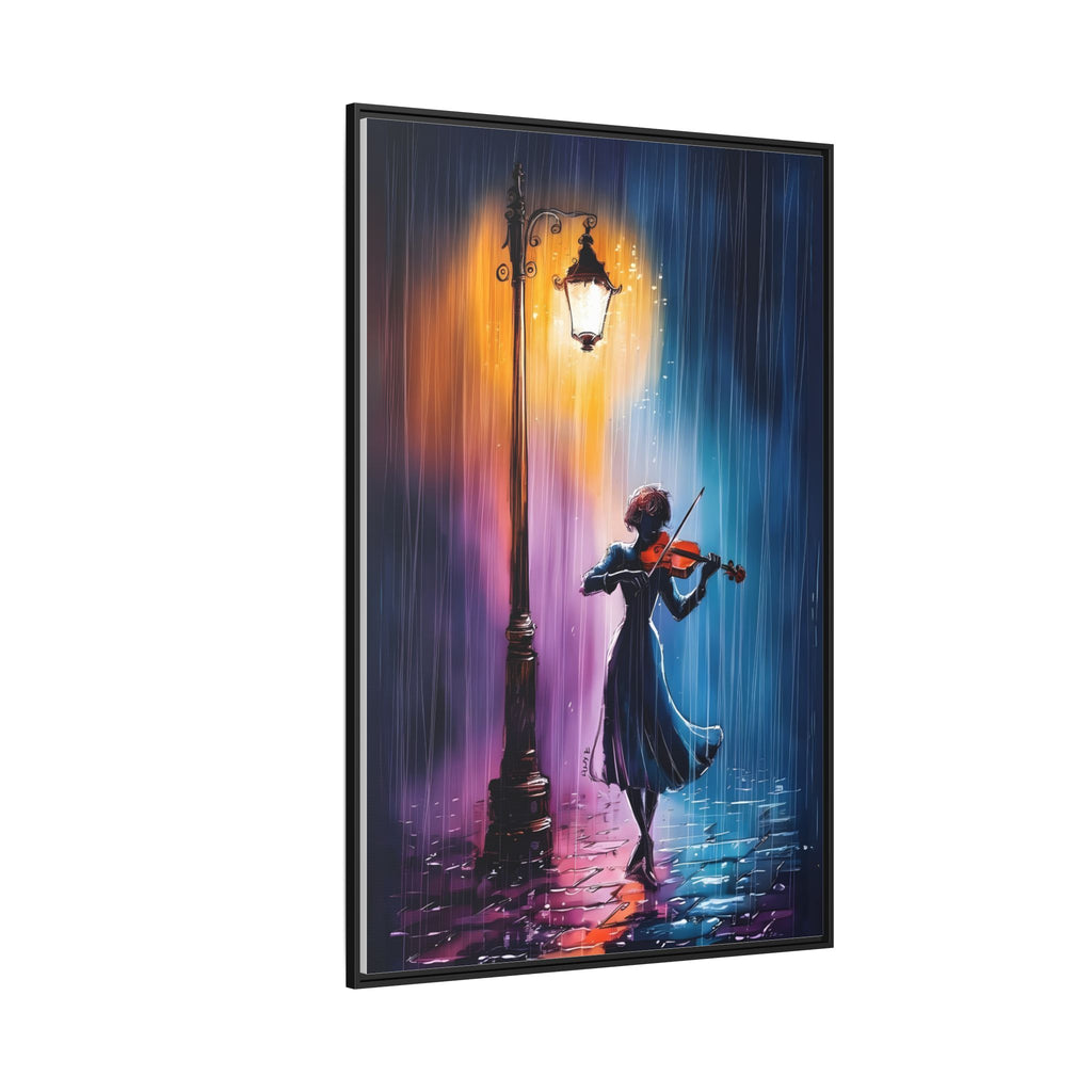 Framed Matte Canvas — Violinist Under Lamp Post (Colorful Rainy Night)