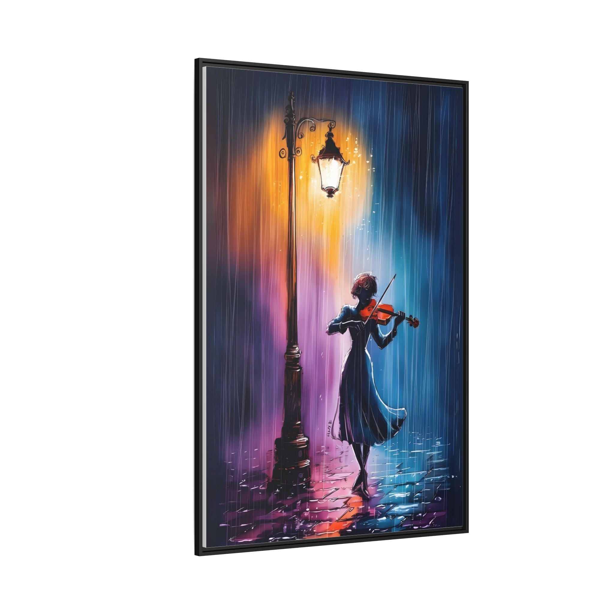 Framed Matte Canvas — Violinist Under Lamp Post (Colorful Rainy Night)