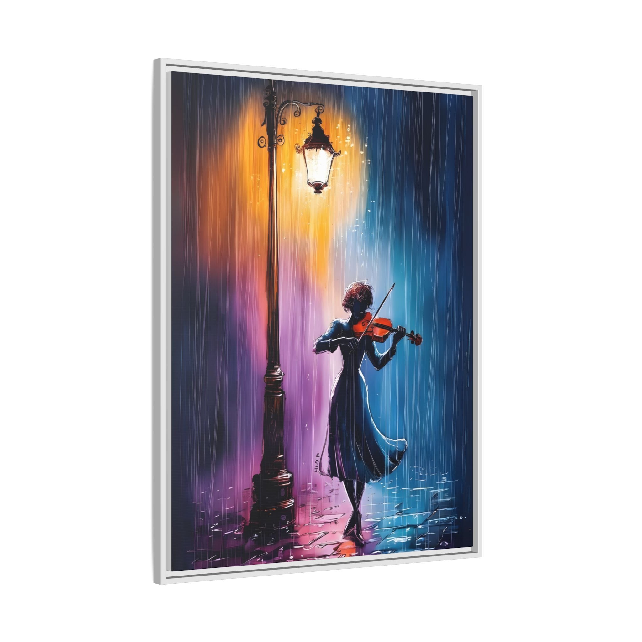 Framed Matte Canvas — Violinist Under Lamp Post (Colorful Rainy Night)