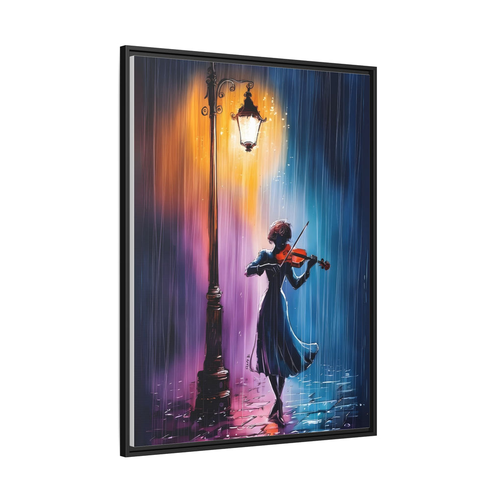 Framed Matte Canvas — Violinist Under Lamp Post (Colorful Rainy Night)
