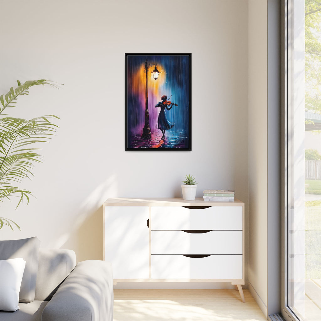Framed Matte Canvas — Violinist Under Lamp Post (Colorful Rainy Night)