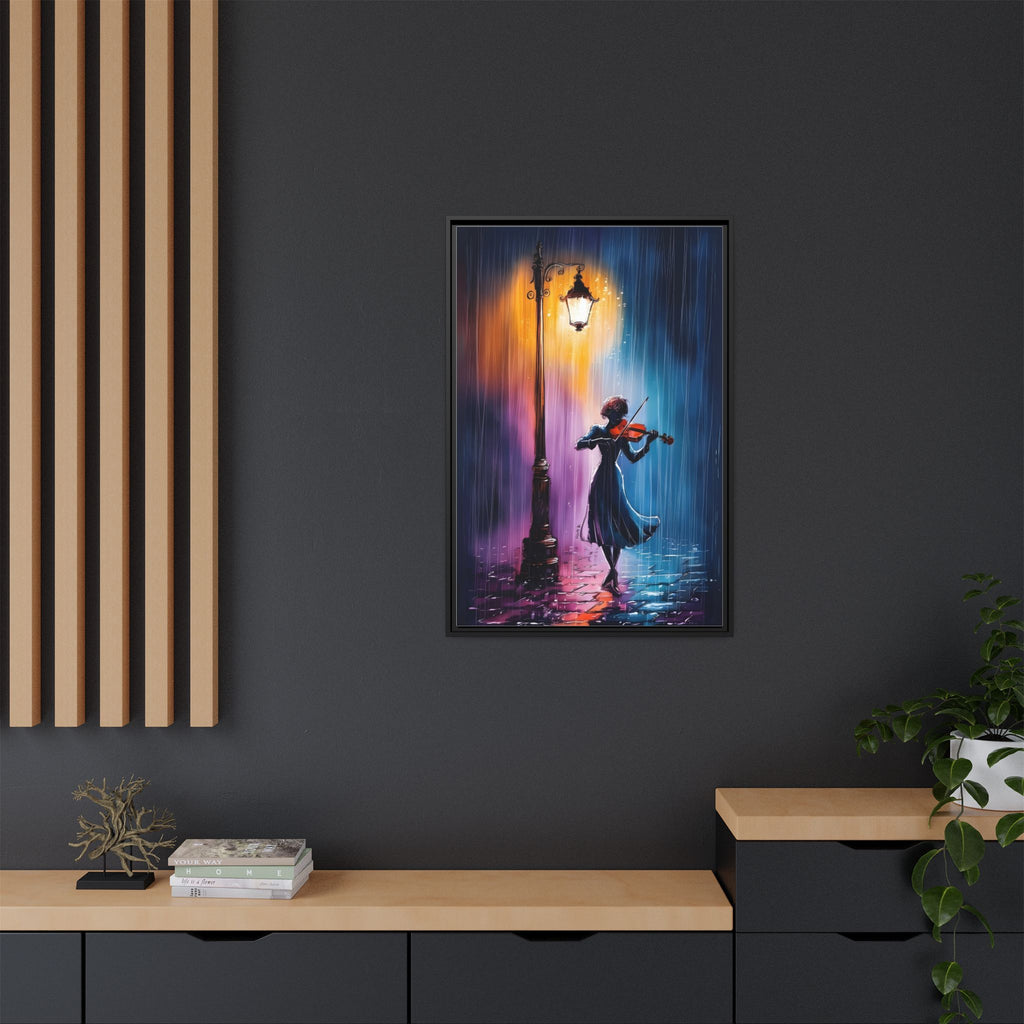 Framed Matte Canvas — Violinist Under Lamp Post (Colorful Rainy Night)