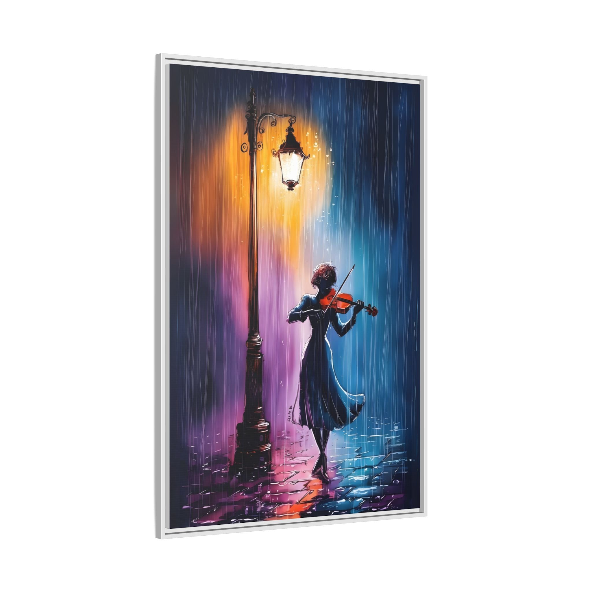 Framed Matte Canvas — Violinist Under Lamp Post (Colorful Rainy Night)
