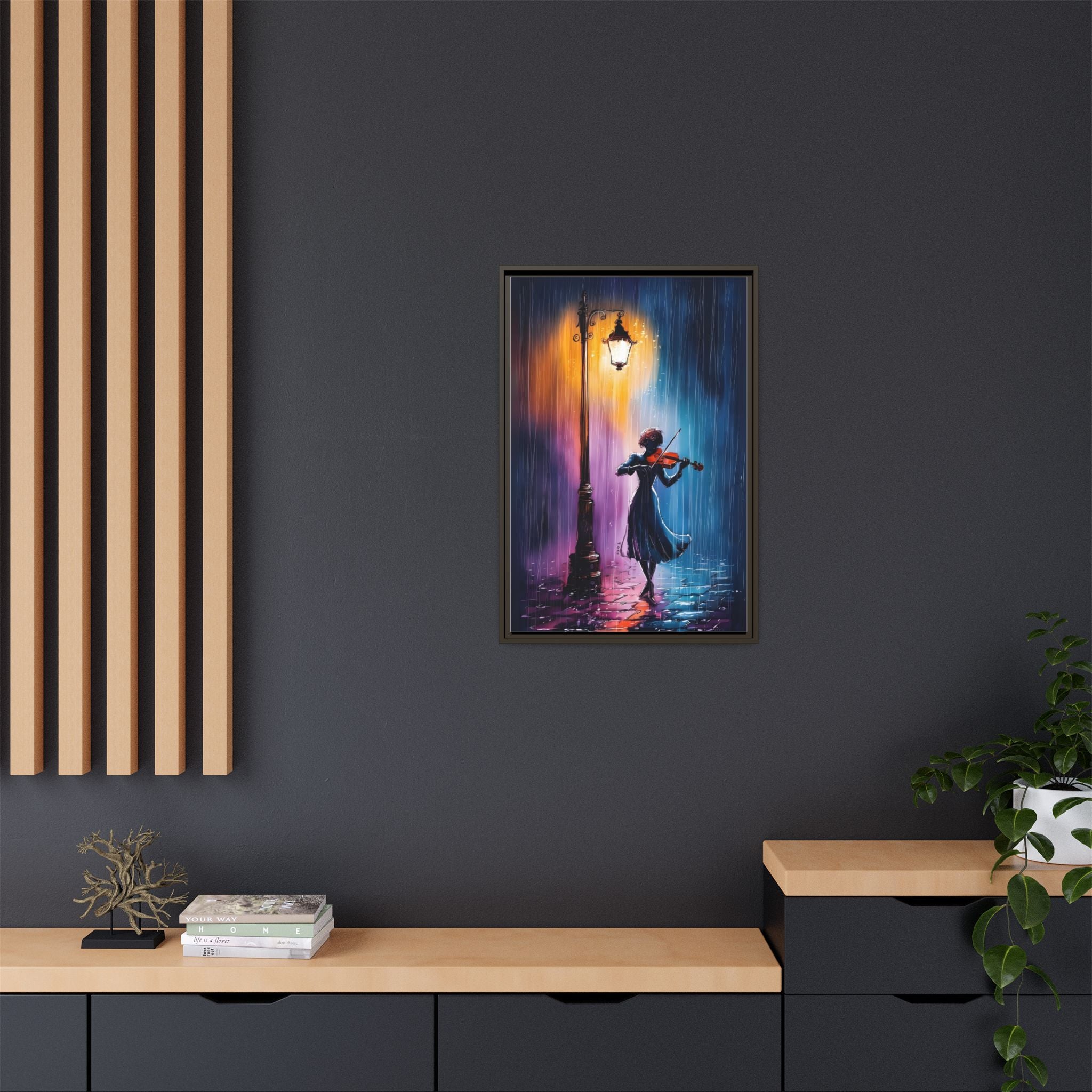 Framed Matte Canvas — Violinist Under Lamp Post (Colorful Rainy Night)