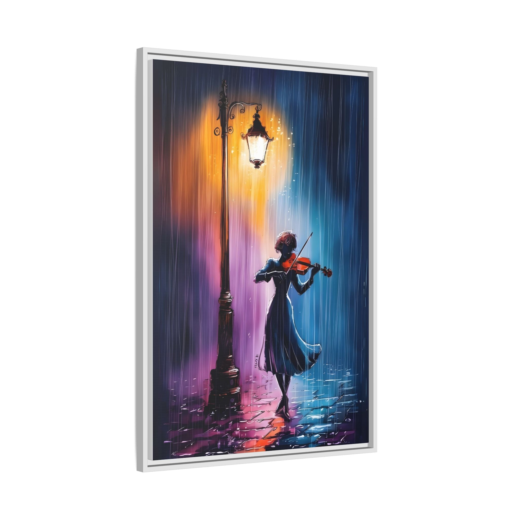 Framed Matte Canvas — Violinist Under Lamp Post (Colorful Rainy Night)
