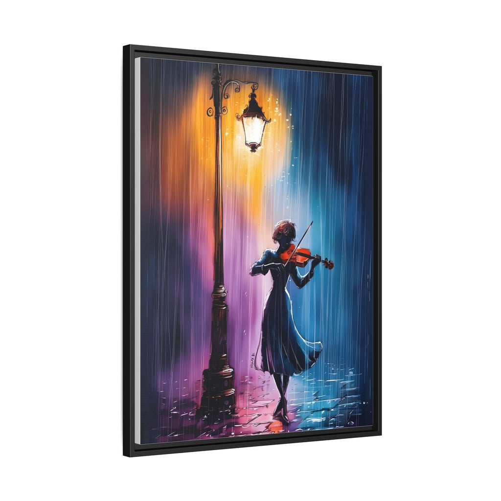 Framed Matte Canvas — Violinist Under Lamp Post (Colorful Rainy Night)
