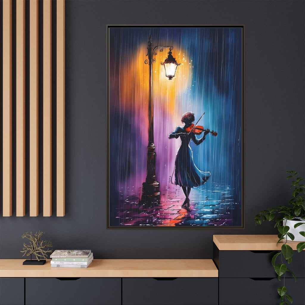 Framed Matte Canvas — Violinist Under Lamp Post (Colorful Rainy Night)