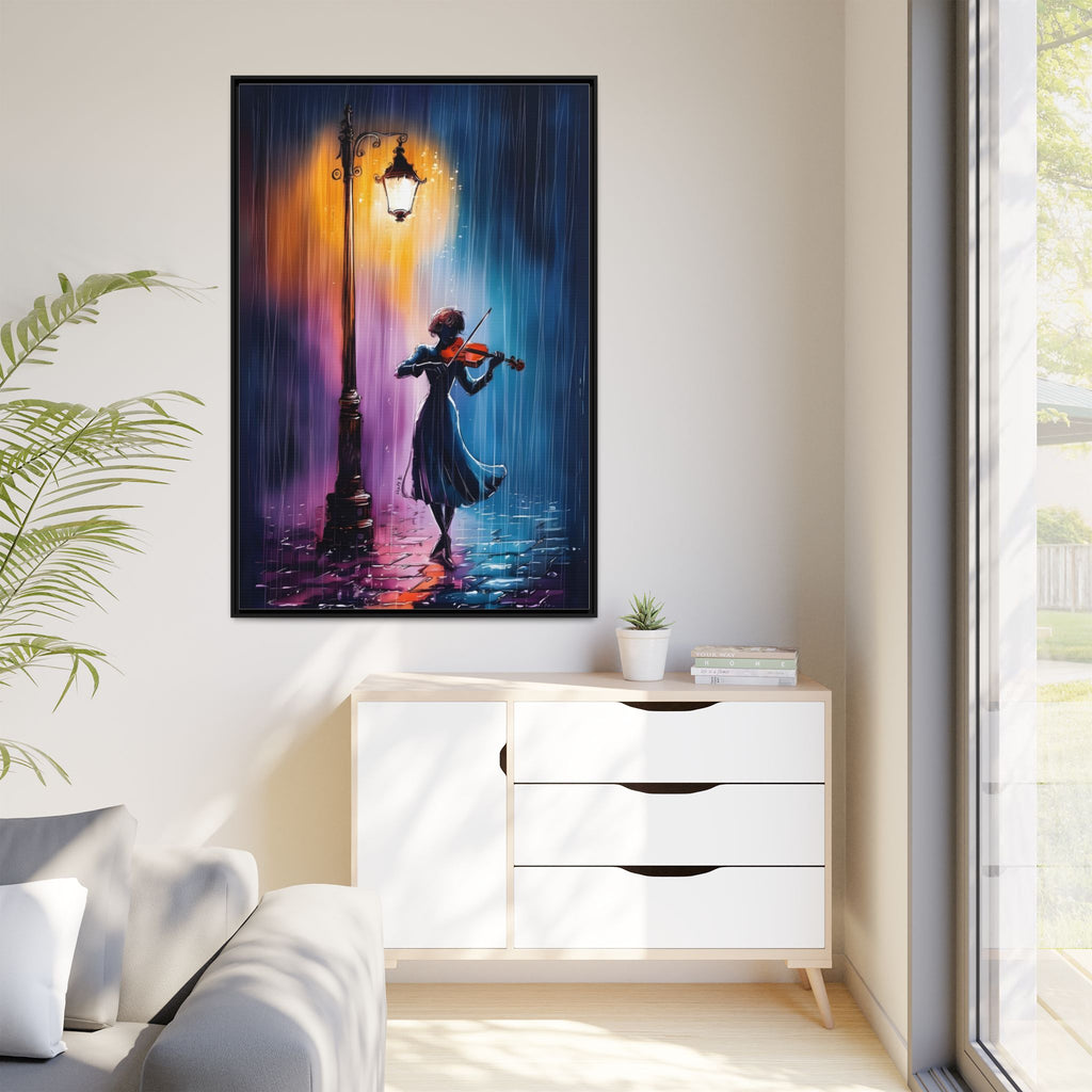 Framed Matte Canvas — Violinist Under Lamp Post (Colorful Rainy Night)