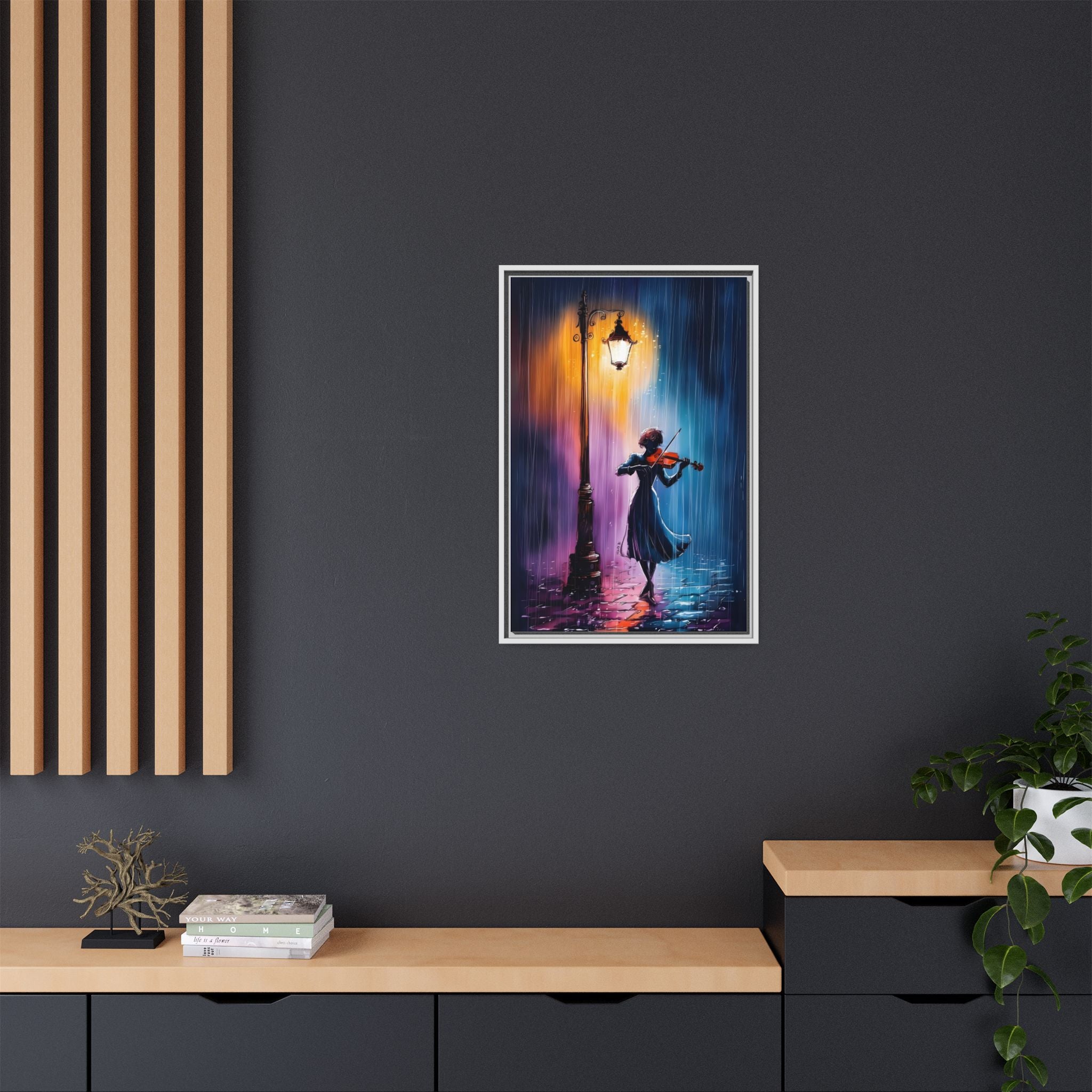 Framed Matte Canvas — Violinist Under Lamp Post (Colorful Rainy Night)