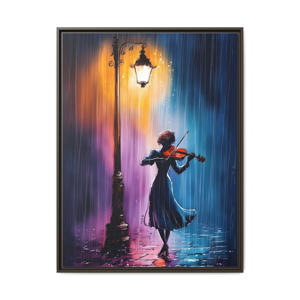Framed Matte Canvas — Violinist Under Lamp Post (Colorful Rainy Night)