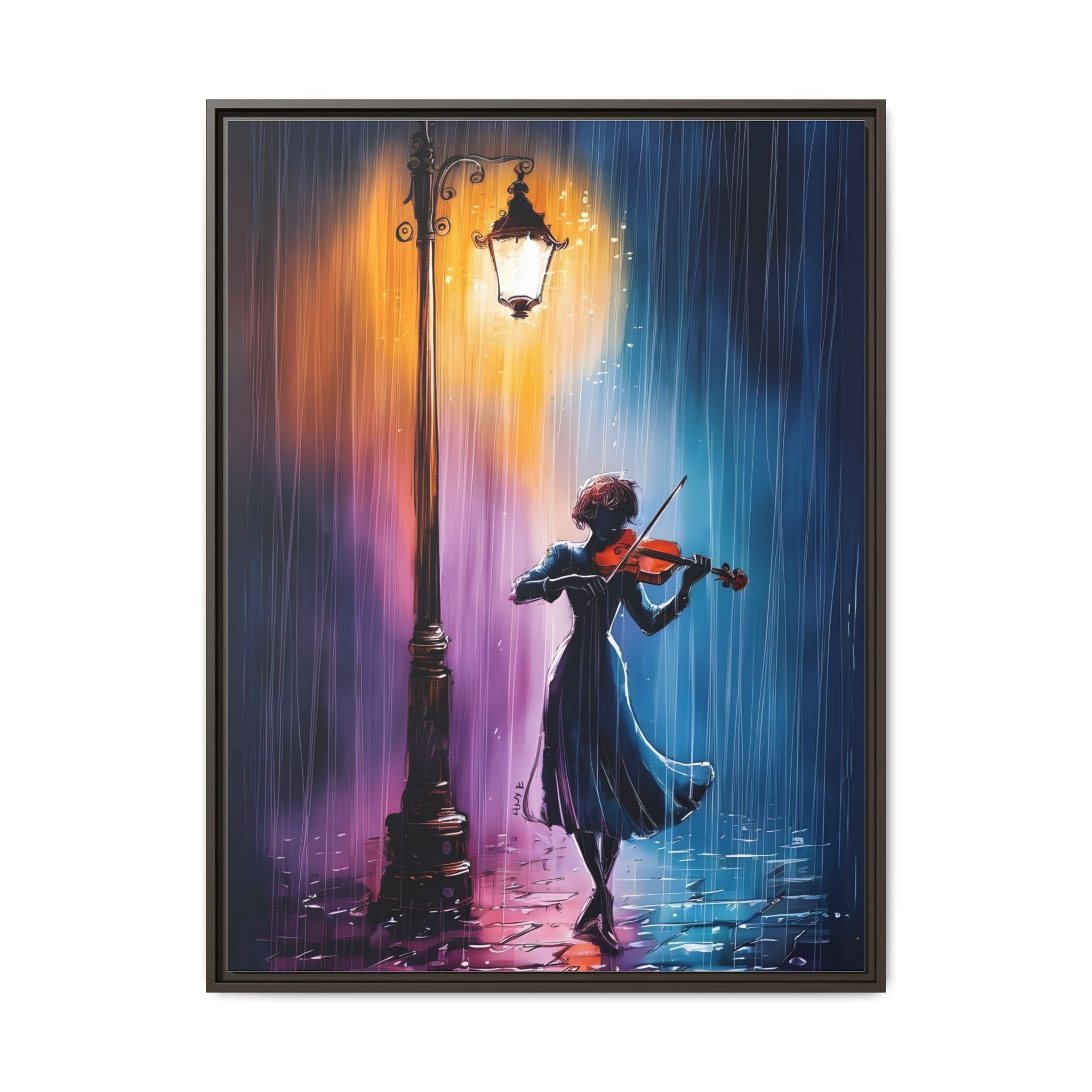 Framed Matte Canvas — Violinist Under Lamp Post (Colorful Rainy Night)