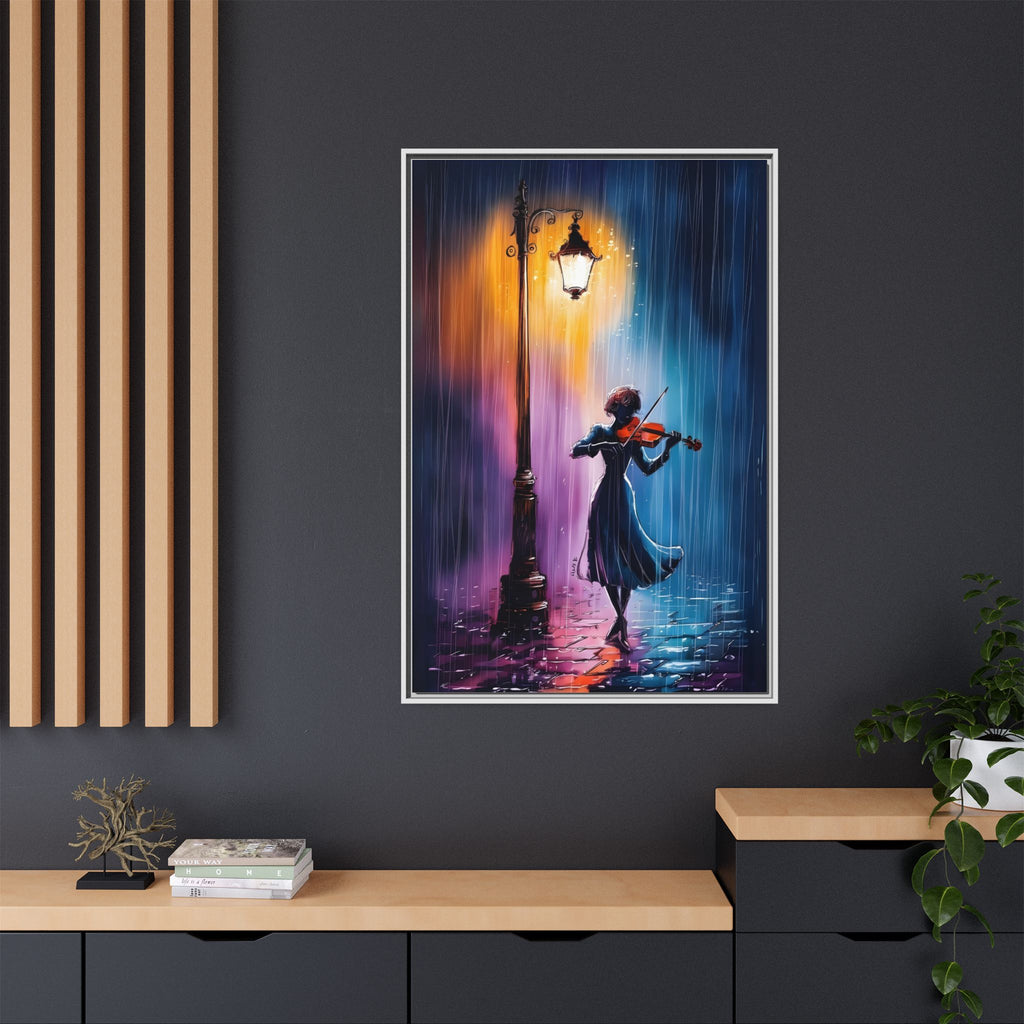 Framed Matte Canvas — Violinist Under Lamp Post (Colorful Rainy Night)
