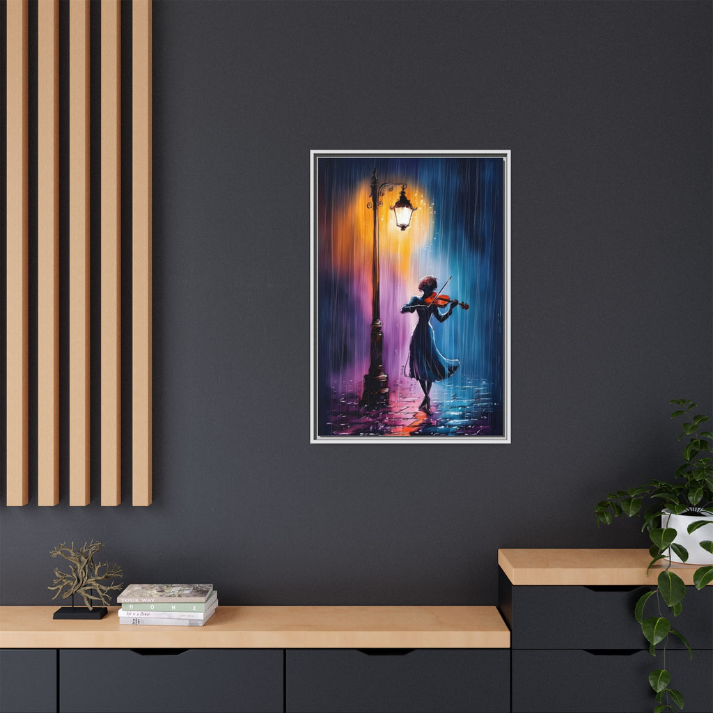Framed Matte Canvas — Violinist Under Lamp Post (Colorful Rainy Night)