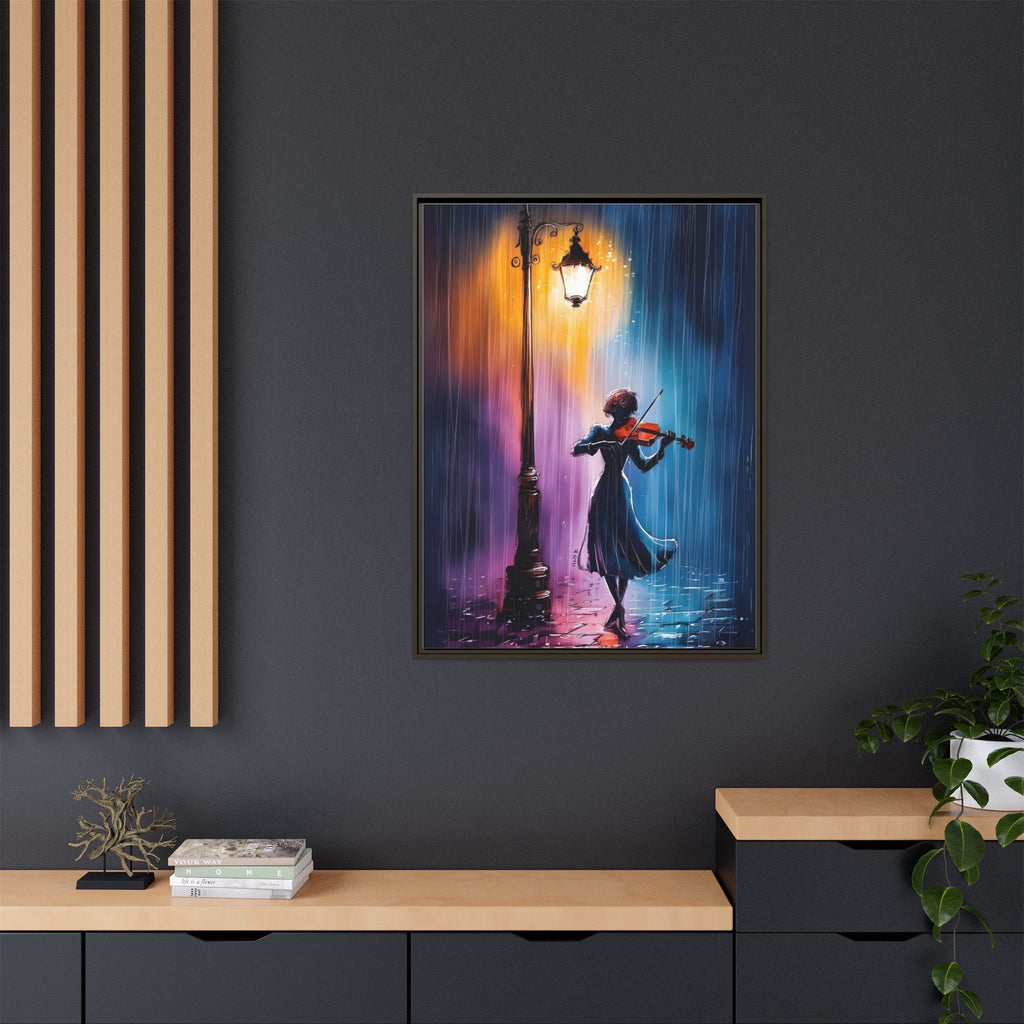 Framed Matte Canvas — Violinist Under Lamp Post (Colorful Rainy Night)