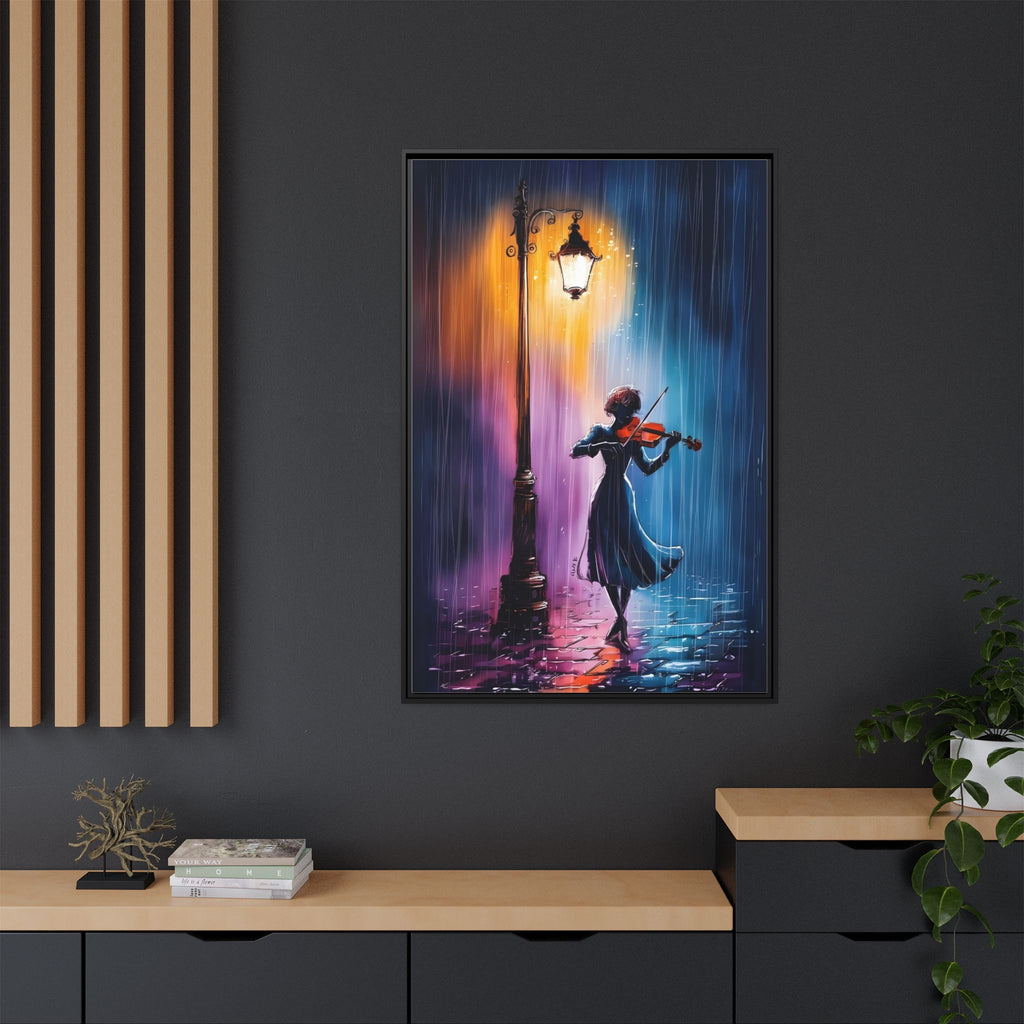 Framed Matte Canvas — Violinist Under Lamp Post (Colorful Rainy Night)