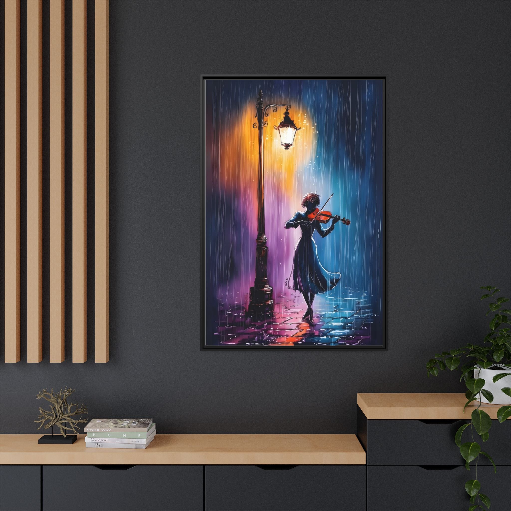 Framed Matte Canvas — Violinist Under Lamp Post (Colorful Rainy Night)