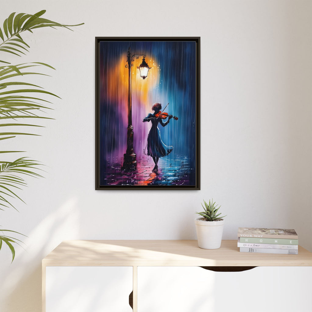 Framed Matte Canvas — Violinist Under Lamp Post (Colorful Rainy Night)