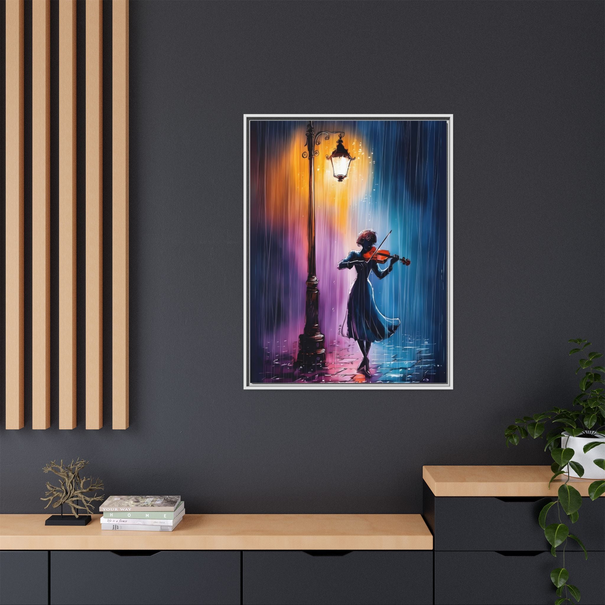 Framed Matte Canvas — Violinist Under Lamp Post (Colorful Rainy Night)