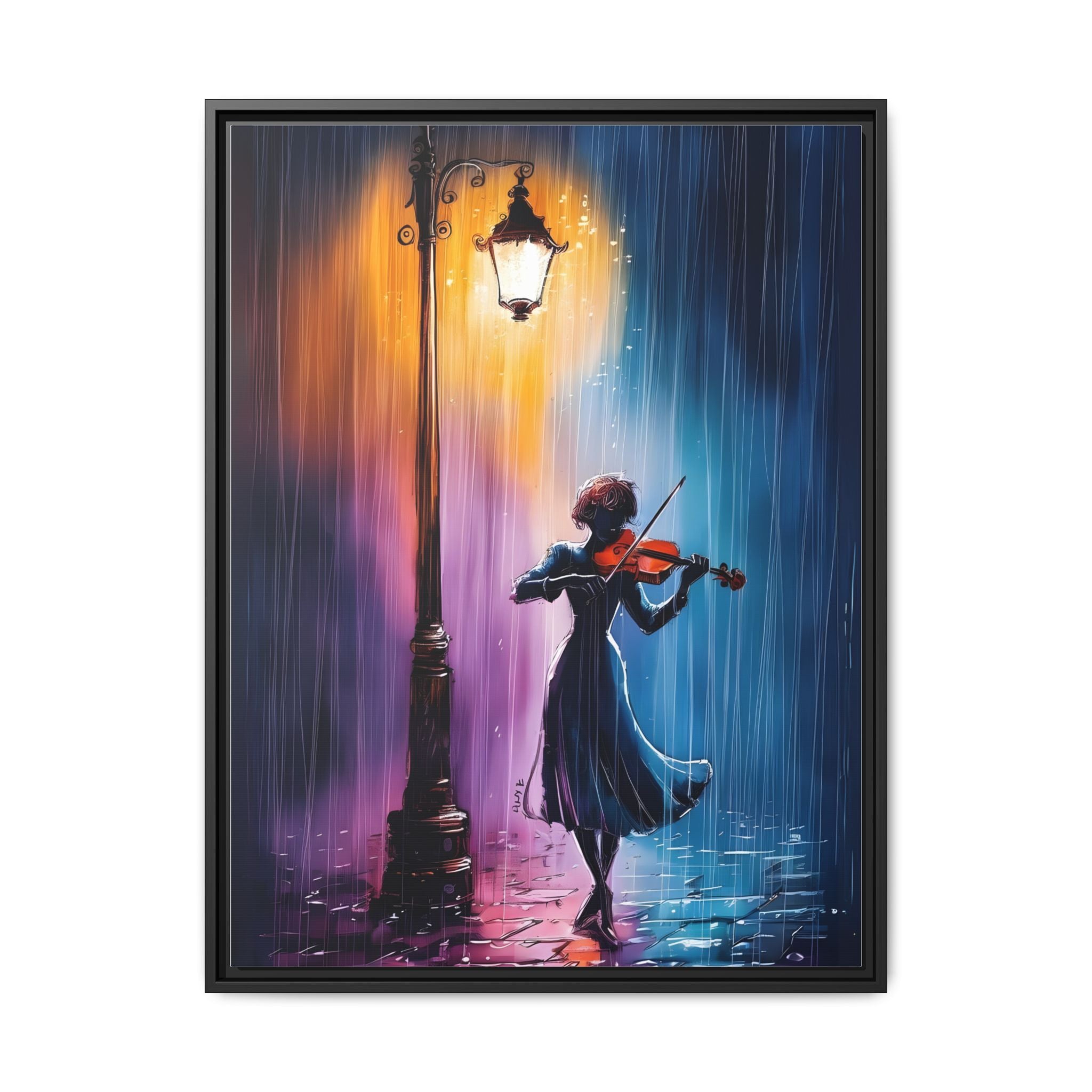 Framed Matte Canvas — Violinist Under Lamp Post (Colorful Rainy Night)